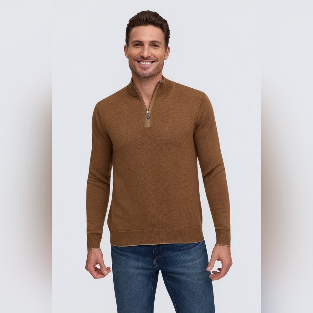Raffi The Palmer Mock Neck Zip Sweater 100% Extra Fine Merino Wool Brown Tan XL